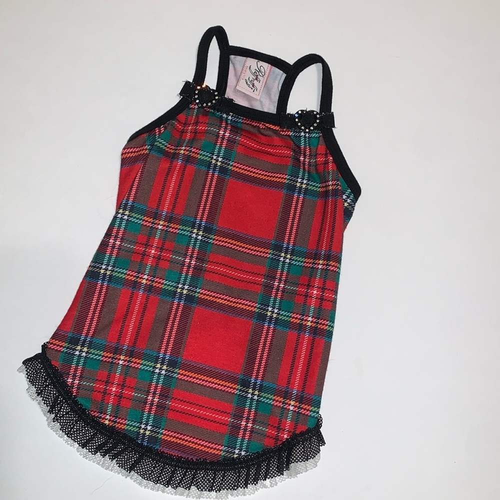 Ruff Ruff Couture Plaid Dog Dress Lace Trim Rhinestones Red Black Small Breed Lg